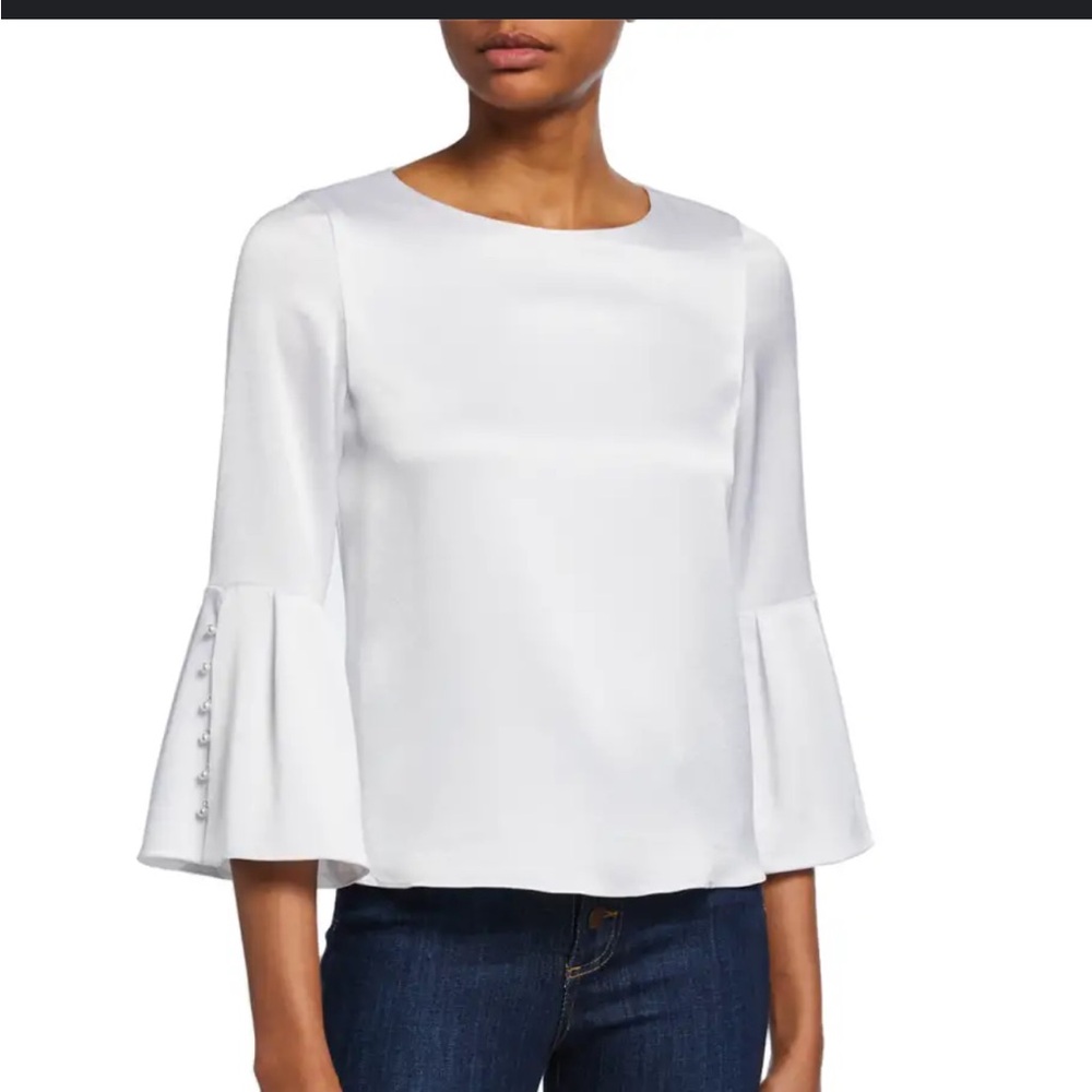 Alice + Olivia White Bell-Sleeve Satin Blouse